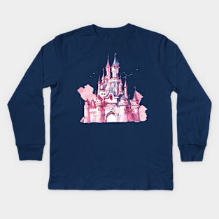 Watercolor Pink Castle Magical Princess Castle Magic Kingdom Kids Long Sleeve T-Shirt